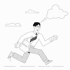 A young man runs after his goal, his dream. Thinks about something. The concept of goals, tasks, plans. Flat style. Modern stock vector illustration of a young man walking towards his goal.