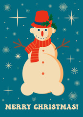 Retro vintage Christmas card with snowman. Groove Christmas card. Vector illustration