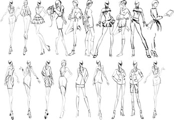 Set of young beautiful women in stylish clothes. Fashion sketch. - 521456818