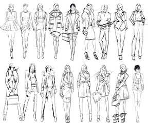 Set of young beautiful women in stylish clothes. Fashion sketch. - 521456820