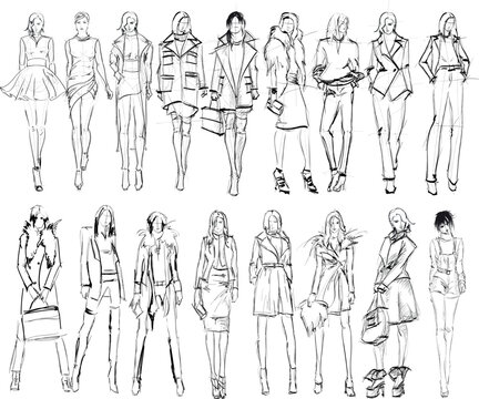 Set of young beautiful women in stylish clothes. Fashion sketch.