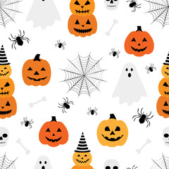 Seamless pattern Halloween Ghost pumpkin spider vector illustration