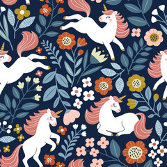 Seamless vector pattern with cute unicorns on floral background. 
