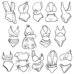 Set of swim suits, hand drawn vector monochrome illustration