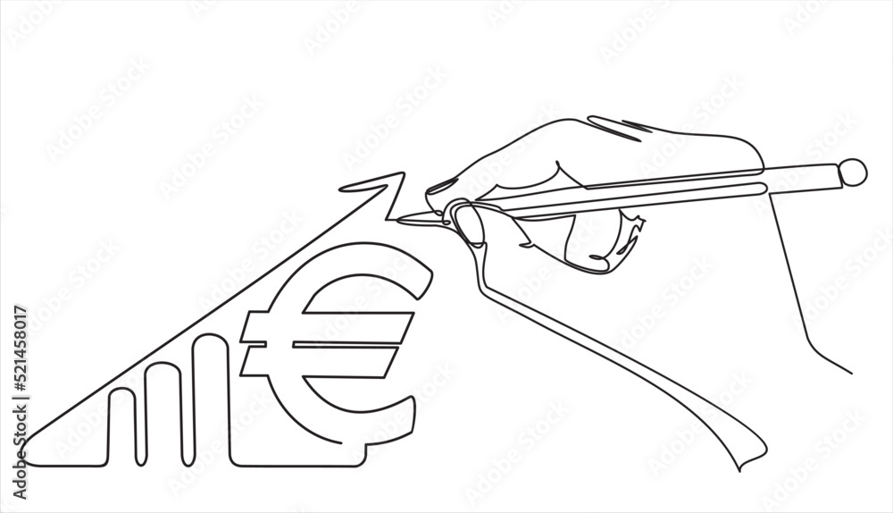 Poster single continuous line of hand drawing increasing up arrows bar graph sign and euro sign. business f