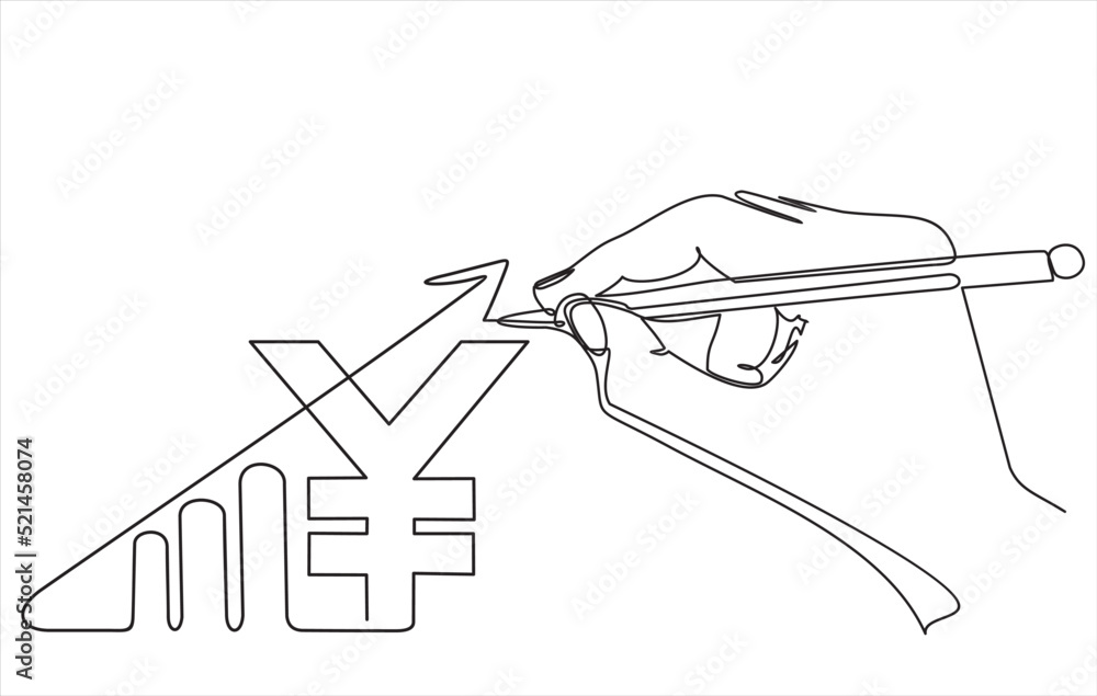 Poster single continuous line of hand drawing increasing up arrows bar graph sign and chinese yuan sign. bu