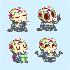 halloween cute sugar skull sticker set, dia de muertos vector illustration