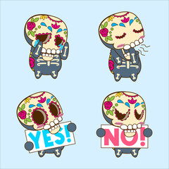 halloween cute sugar skull sticker set, dia de muertos vector illustration