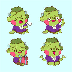 halloween cute frankenstein sticker set, frankenstein vector illustration