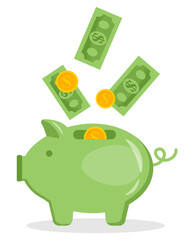 Piggy bank with coin. Icon saving or accumulation of money, investment, donat. Outline money box icon, with editable stroke. Piggy bank with dollar sign, moneybox pictogram. Piggybank, investing