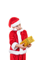 Little Santa is Surprised to His Gift on White Background