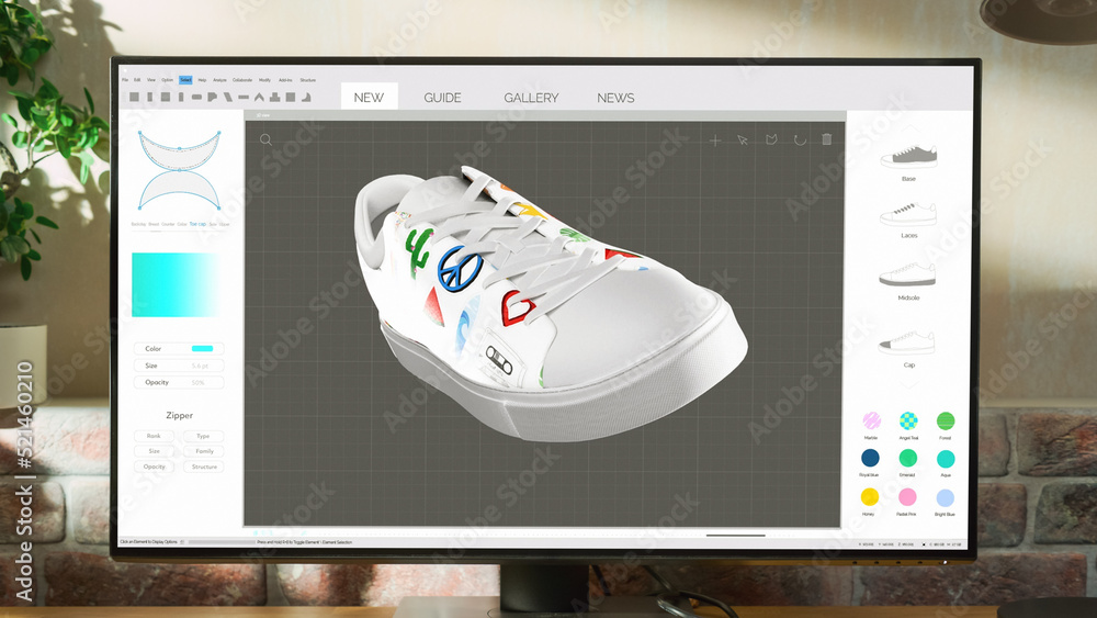 Aufkleber Desktop Computer Monitor Standing on a Table with 3D Design Softwear Processing a Model of Shoe. Cozy Empty Loft Apartment with Big Window with a Lamp, Notebook and Headphones on the Table.