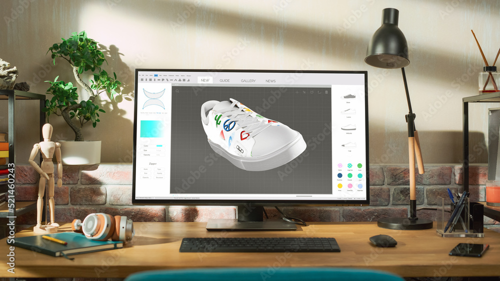 Poster Desktop Computer Monitor Standing on a Table with 3D Design Softwear Processing a Model of Shoe. Cozy Empty Loft Apartment with Big Window with a Lamp, Notebook and Headphones on the Table.