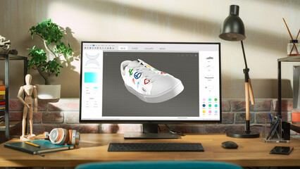 Desktop Computer Monitor Standing on a Table with 3D Design Softwear Processing a Model of Shoe. Cozy Empty Loft Apartment with Big Window with a Lamp, Notebook and Headphones on the Table.