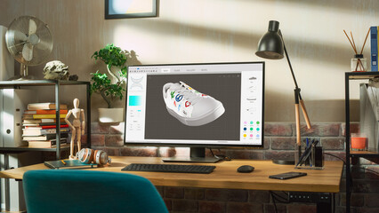 Desktop Computer Monitor Standing on a Table with 3D Design Softwear Processing a Model of Shoe....