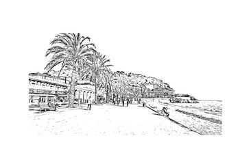 Building view with landmark of Nice is the 
city in France. Hand drawn sketch illustration in vector.