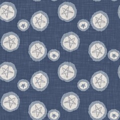 French blue star motif seamless pattern. Tonal country cottage style abstract motif background. Simple vintage rustic fabric textile effect. 
