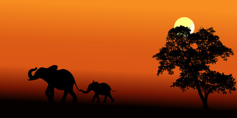 Fototapeta na wymiar Elephant family walking in silhouette during sunrise stock illustration