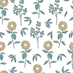 Seamless vector pattern with line art flowers, branches and leaves. Sunflower and eucalyptus elements on white. Hand drawn botanical background. Black outline floral texture