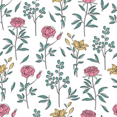Seamless vector pattern with line art flowers, branches and leaves. Lily, rose, eucalyptus elements on white. Hand drawn botanical background. Black outline floral texture