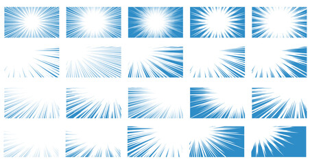 青色の漫画風の集中線の素材セット