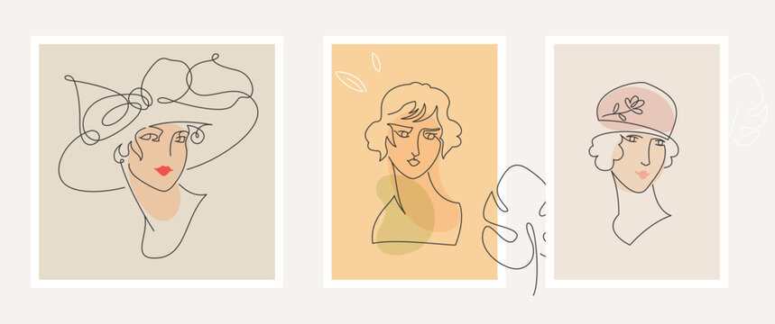 Beautiful women portraits in the 1920s style with hats and leaves. Vintage one line style faces.
