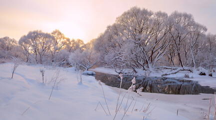 Winter landscape with snow covered trees and forest river