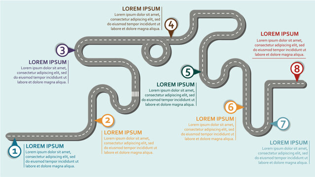 Business workflow roadmap, infographic flat lay style,  in 16:9 wide, HD format on soft blue background with 8 check points