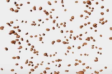 Falling coffee beans white background isolated shadows 3D rendering. Flying floating arabica grains espresso latte cappuccino hot drinks sale. Coffee roasters shop product delivery advertising promo.