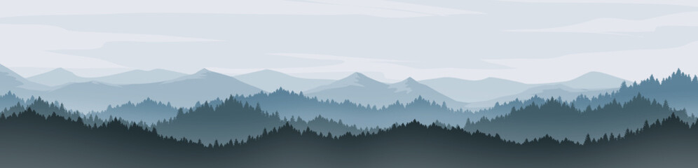 beautiful mountain panorama in the morning Mountain scenery, pine forest with fog.