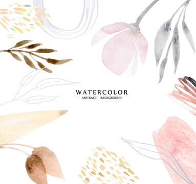 Watercolor abstract background design with geometri shapes, and floral elements, blotch and gold line art