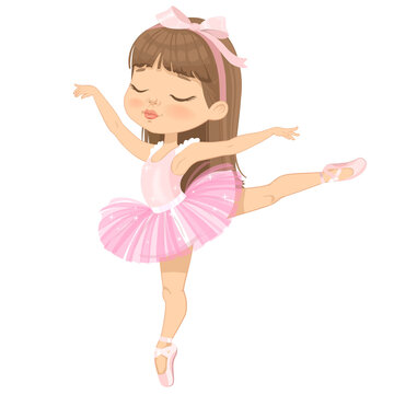 Cute Brown Hair Ballerina Girl With Eyes Closed Dancing. Little Caucasian Girl in Pink Tutu Dress and Pointe