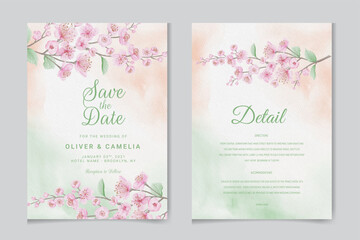 Floral wedding invitation template set with brown sakura flowers and leaves decoration. Botanic card design concept