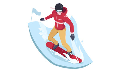 Snowboarder in red uniform with helmet and glasses. Sports man Icon, snowboarder sliding down on ice. Competition concept for game, graphic resource, new modern design. Isometric vector illustration