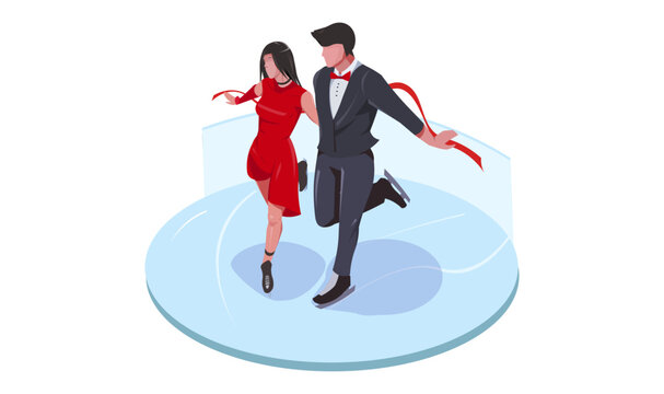 Professional figure skaters couple dancing in sport performance. Man in black suite and beautiful woman in red dress skating on round ice rink. Competition icon Isometric design. Vector illustration
