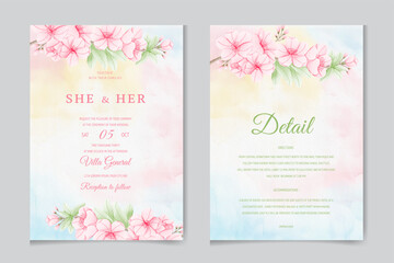 Fototapeta na wymiar Floral wedding invitation template set with brown sakura flowers and leaves decoration. Botanic card design concept