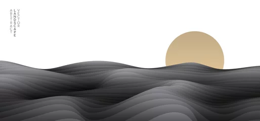  Vector abstract art landscape mountain overlay black gradient and gold sunrise sunset on white background. Minimal luxury style for wallpaper, wall art decoration. © korkeng