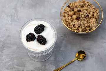 Dessert with yogurt, homemade granola and fresh blackberries, served in trendy patterned clear glass with golden spoon, gray background. Healthy vegan breakfast or snack. Copy space, selective focus