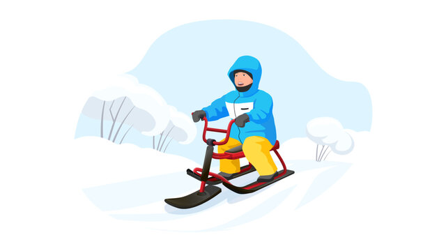 Young boy slides snow scooter on winter holiday. Wintertime ride sleigh activity for kids. Child in the hood enjoy outdoor snowy, cold weather. Cartoon Vector illustration Isolated on white background