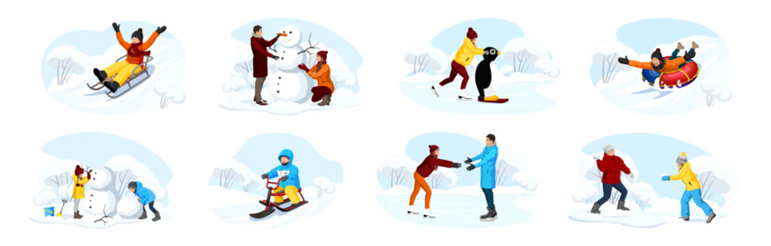 Set of winter activity story. People enjoy of snowy season, skating on ice, sliding down the hill on tubing, snow scooter, sledging on sled. Man, woman, kid, child making snowman. Vector illustration.