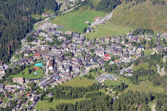 Aerial view of Town called SAN MARTINO DI CASTROZZA in South Tyrol in Italy