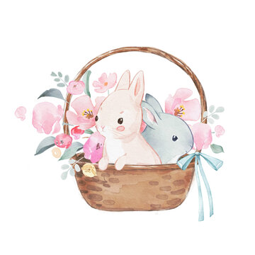 Watercolor illustration of a two rabbits white and grey in a basket full of pink and rose flowers.