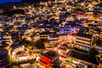 aerial view of night scene of Jioufen village, Taiwan. The colourful scene at night of Jiufen old city, Jiufen, Taiwan.