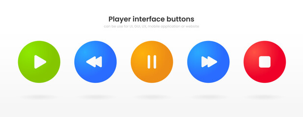 3D multimedia music player buttons, icons. Sound, voice, play, pause, skip, stop sign for mobile app, UI, website.