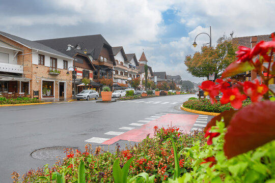 View of Gramado - RS, Brazil, on a cold cloudy day of autumn. Buildings and commerce around Borges de Medeiros avenue. Downtown of Gramado.
