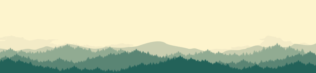 Beautiful landscape of mountains, pine forests and fog. mountain scenery Foggy pine forest.