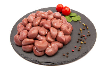 Raw rabbit kidney meat on a cutting board. Isolate.