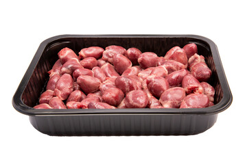 Raw rabbit heart meat in a plastic container. Isolated.