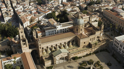 Aerial view of the Old European city with amazing historic building under the hot summer sun....