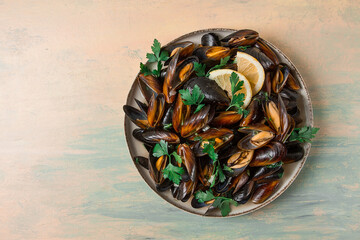 Fresh, Boiled mussels, Black Sea, with parsley and lemon, no people,